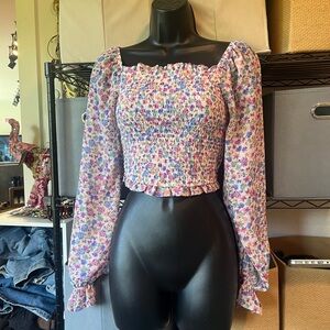 Smocked Floral Long-Sleeve Crop Top